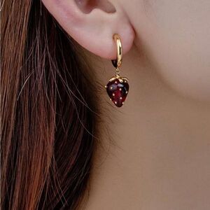 Anthropologie Gold Hoop Earrings with Red Strawberry Charm